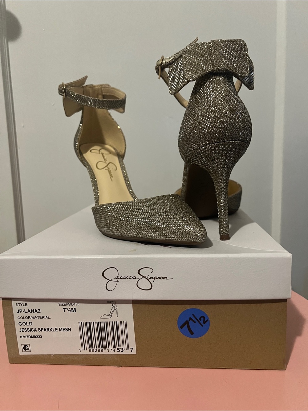 Jessica Simpson Metallic Gold Ankle-Strap Pointed-Toe Heels